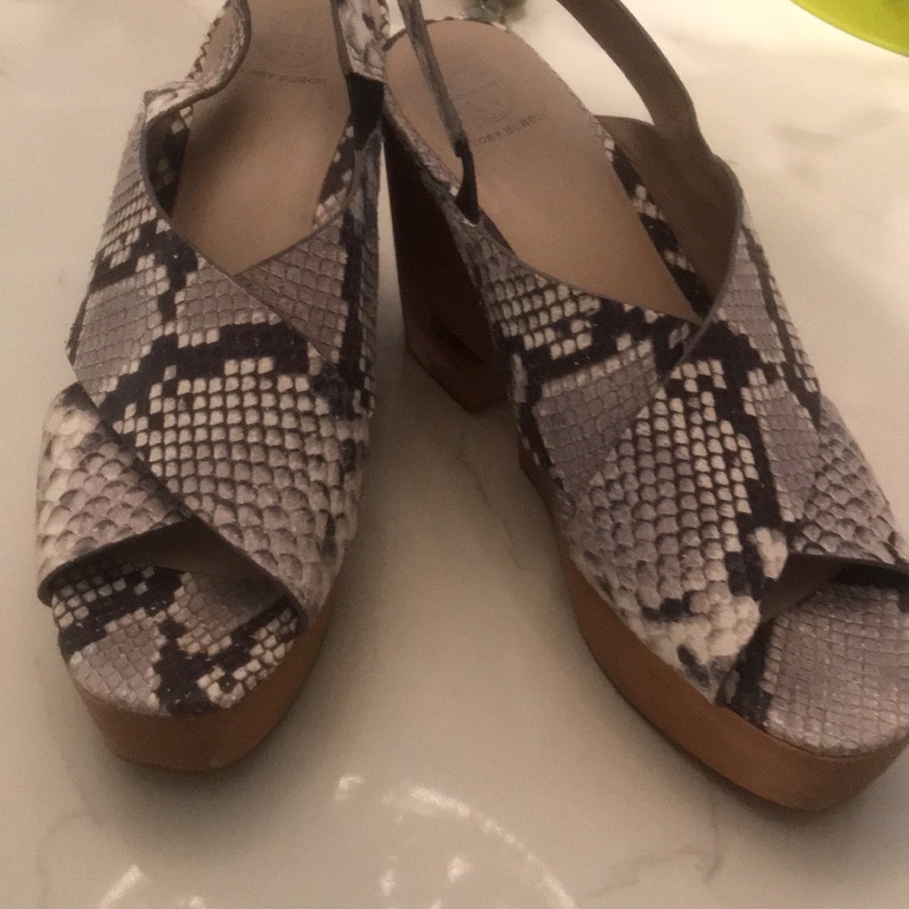 Tory Burch Snakeskin Sandals with wooden sole